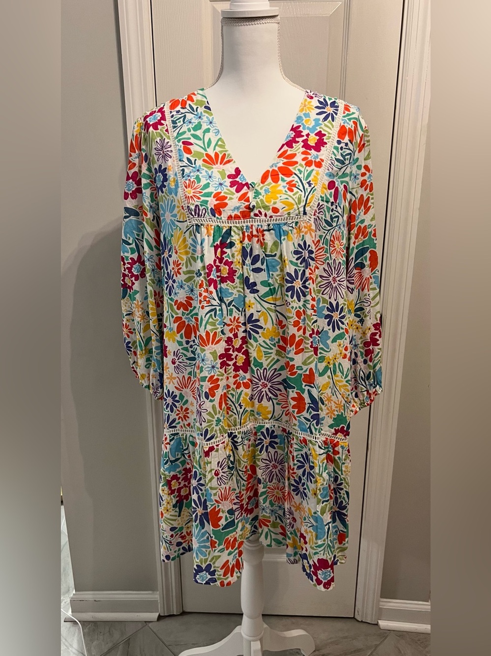 Fate Multicolor Floral Tiered Long Sleeve Dress Size Large